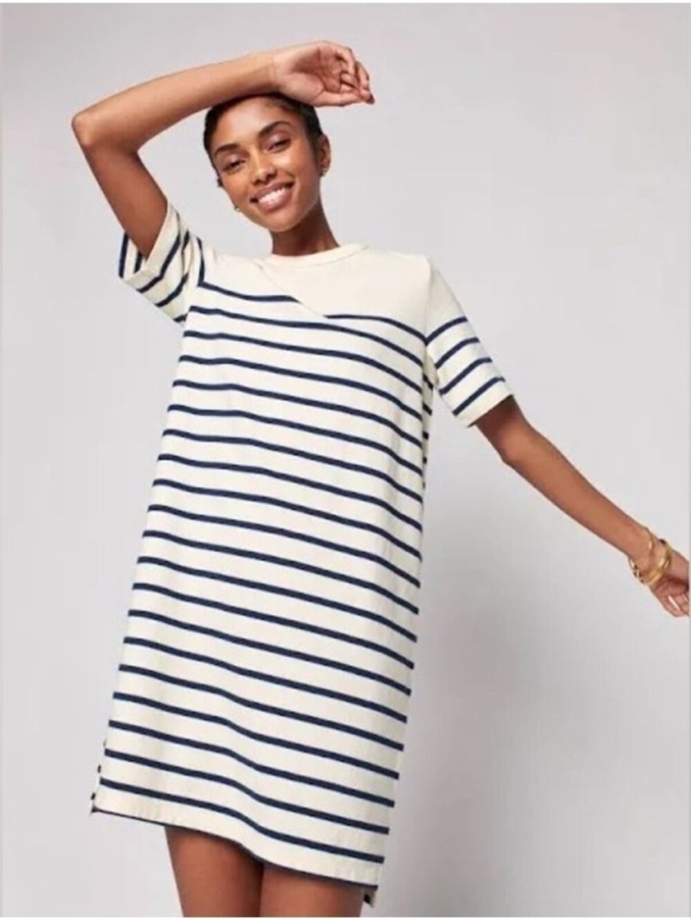 Faherty Cayman Striped Drop Shoulder T Shirt Dress Size Large Cotton Cream/Navy